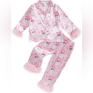 Santa pajamas set feather trim silky satin long sleeve button down christmas top